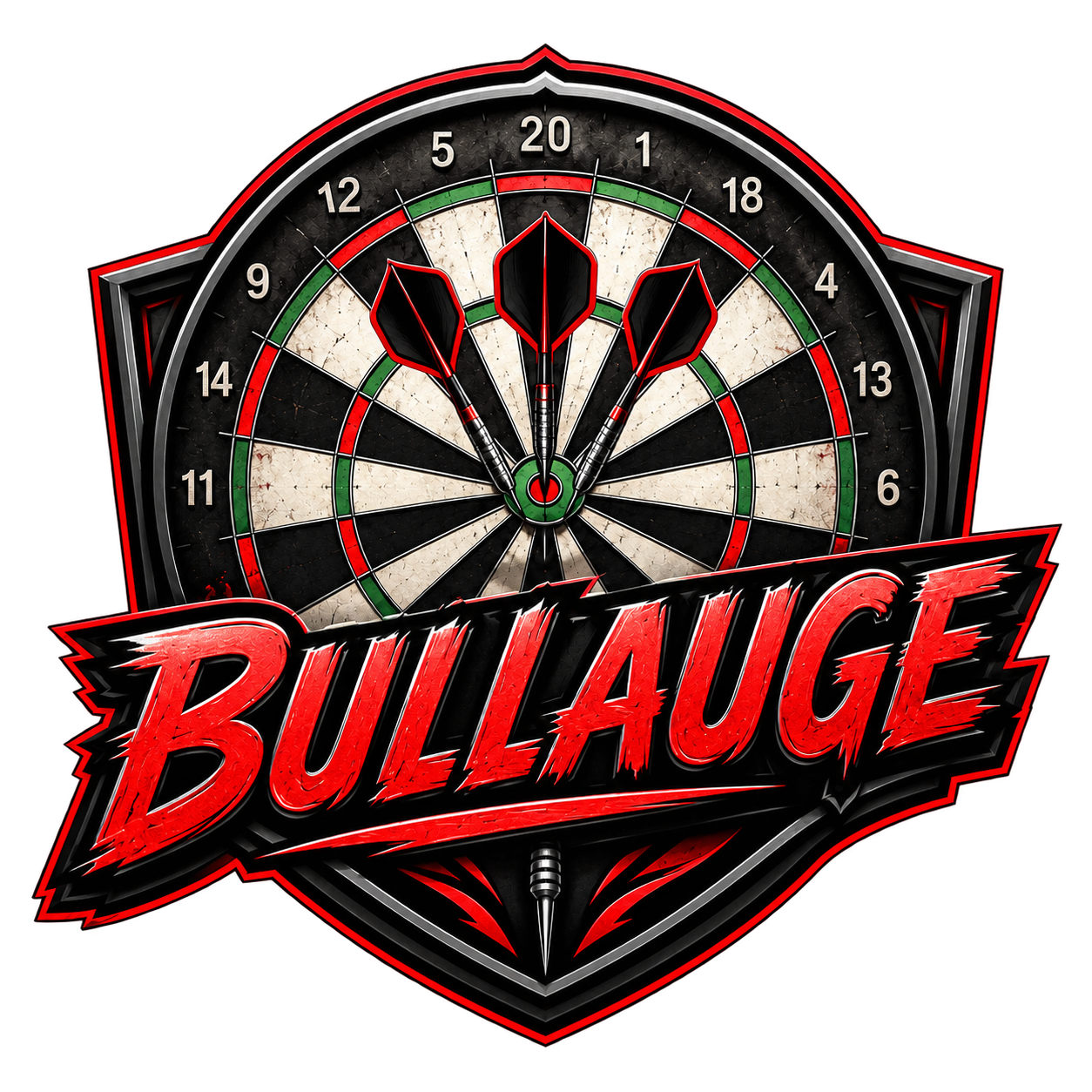 BULLAUGE – Dartboard mit drei roten und schwarzen Darts